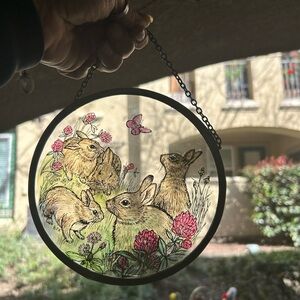 Charming Handmade Glass Suncatcher:
Woodland Rabbits & Clover - Cottagecore